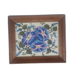 Vintage 10x12 Framed Needlepoint Morning Glories Wall Hanging